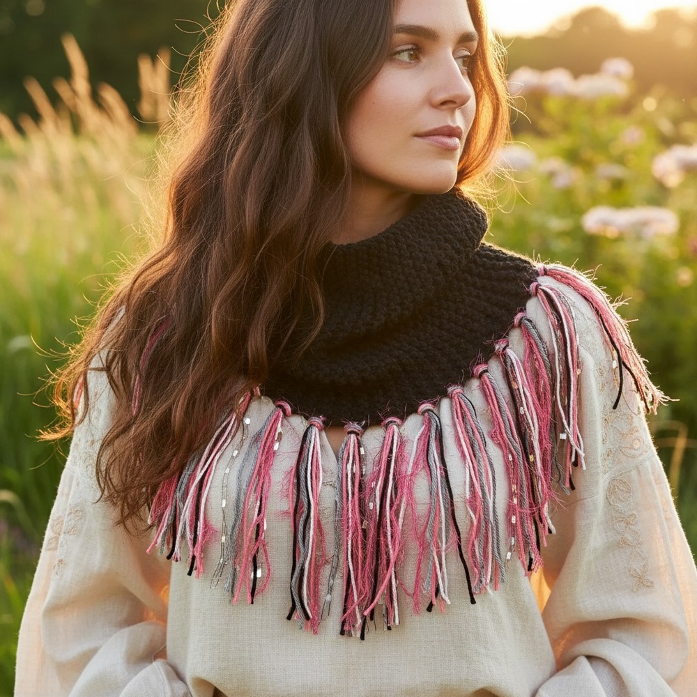 NEW Hand Knitted Cowl Scarf Black Pink Boho Fringe Cottage Artsy Indie Coquette